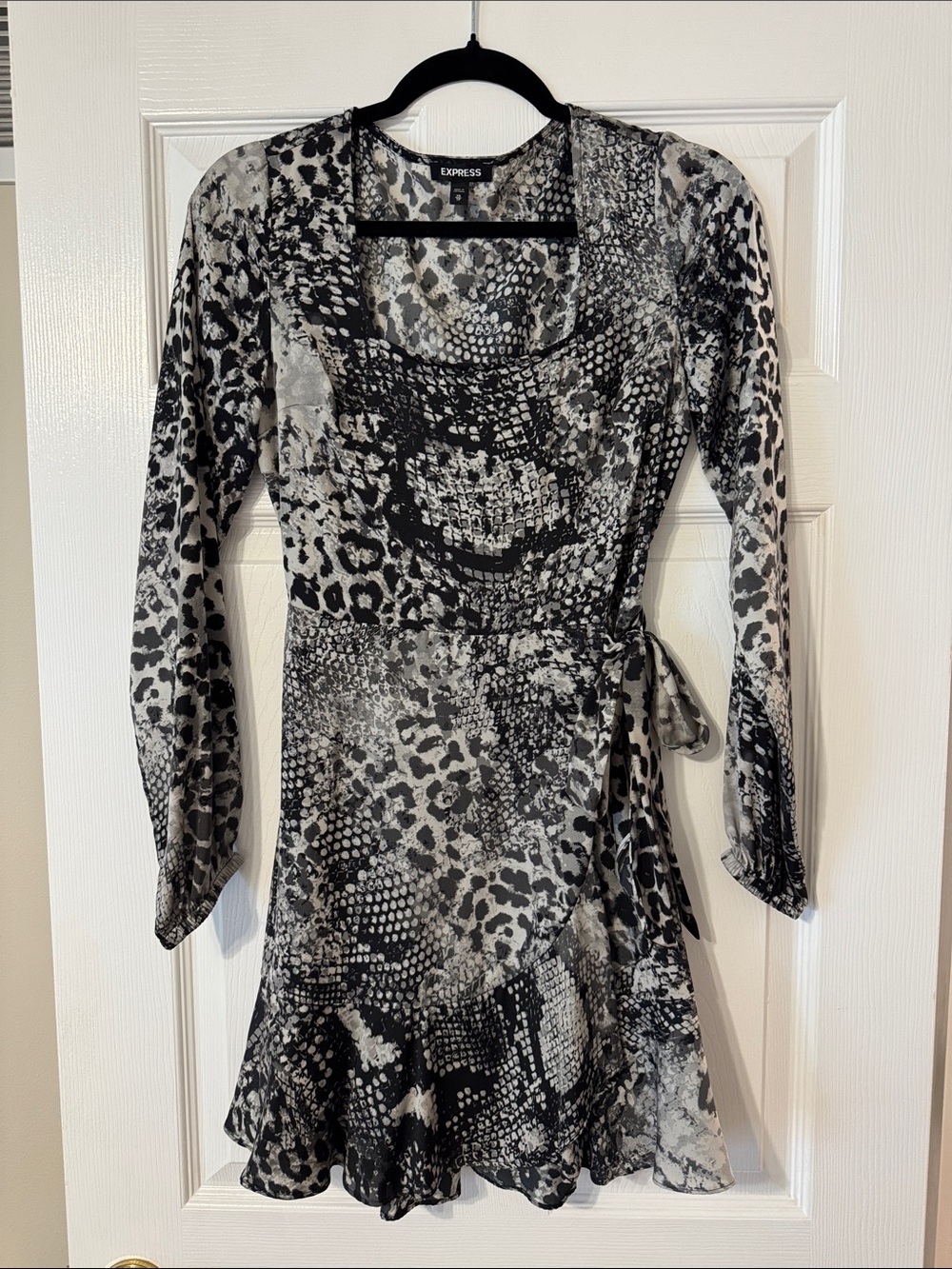 Express Black & Gray Animal Print Wrap Dress